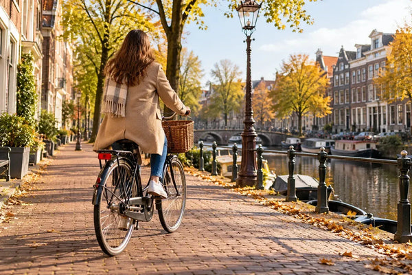 Vrouw fietst op een stadsfiets met voordrager langs een Amsterdamse gracht.
